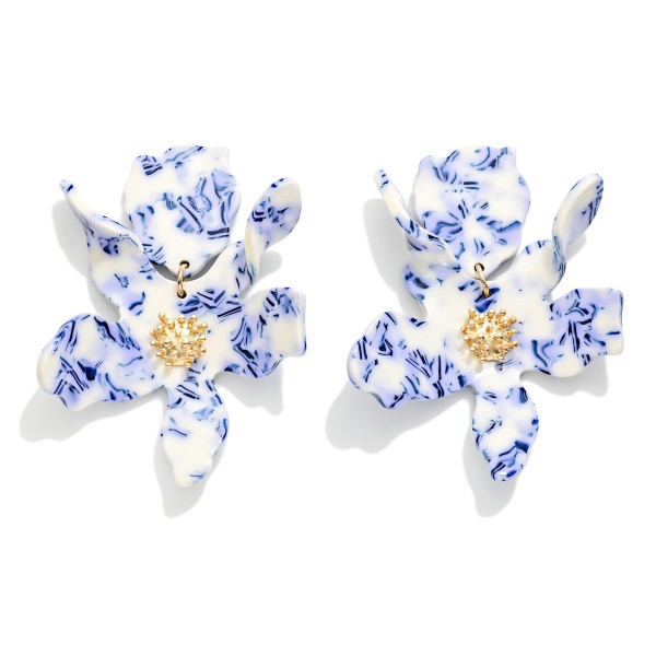 Two Tone Abstract Print Acetate Flower Post Drop Earring 

- Approximately 2.5" L 

