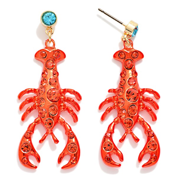 Metallic Crawfish & Rhinestone Post Drop Earrings 

- Approximately 2" L