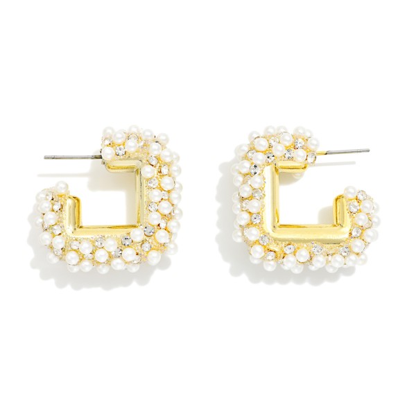 Pearl & Rhinestone Studded Square Hoop Earrings 

- Approximately .75" D