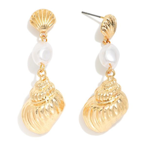 Linked Metal Tone Shells & Pearl Post Drop Earrings 

- Approximately 2" L
