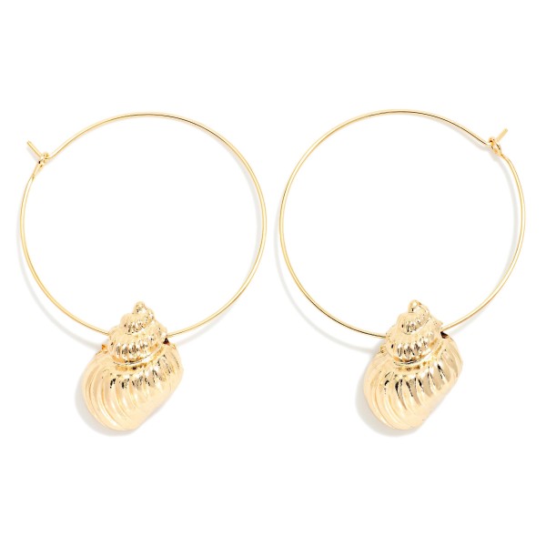 Metal Tone Wire Hoop Earrings Featuring Metal Tone Shell Detail 

- Approximately 1.5" D