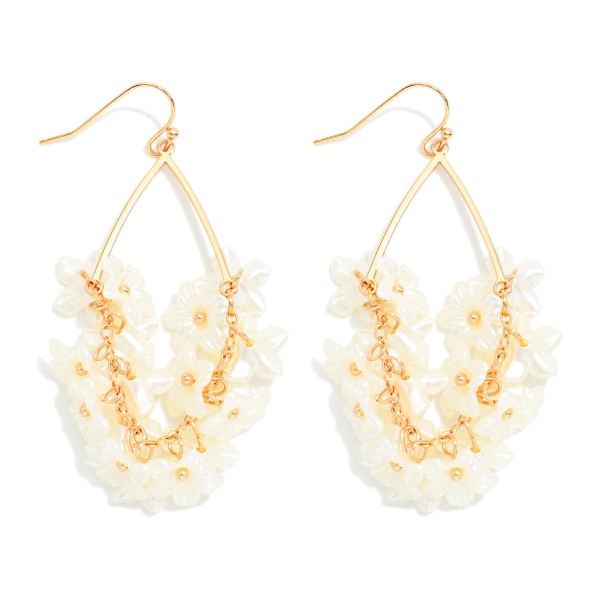 Metal Tone Teardrop Drop Earrings With Pearl Flower Cluster 

- Approximately 2" L