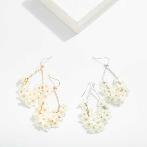 Metal Tone Teardrop Drop Earrings With Pearl Flower Cluster 

- Approximately 2" L