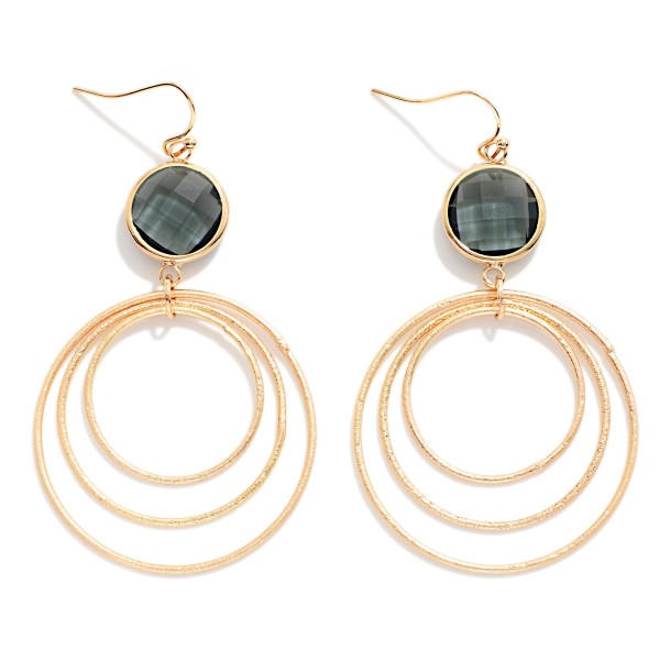 Glass Crystal Circle & Nesting Textured Metal Hoops Drop Earrings 

- Approximately 3" L