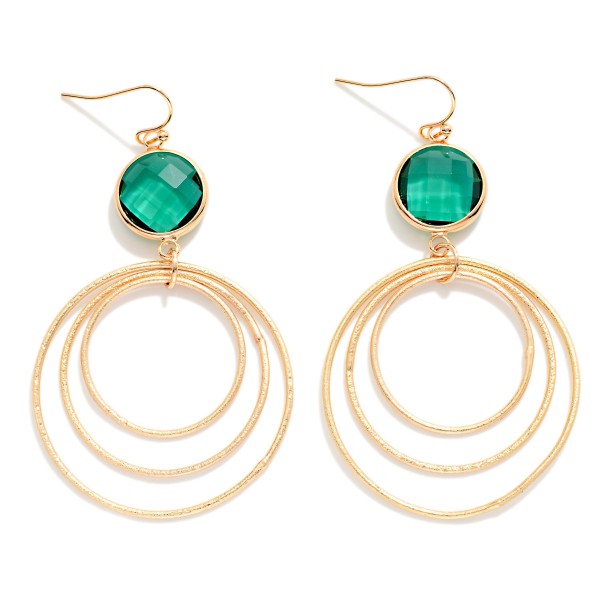 Glass Crystal Circle & Nesting Textured Metal Hoops Drop Earrings 

- Approximately 3" L