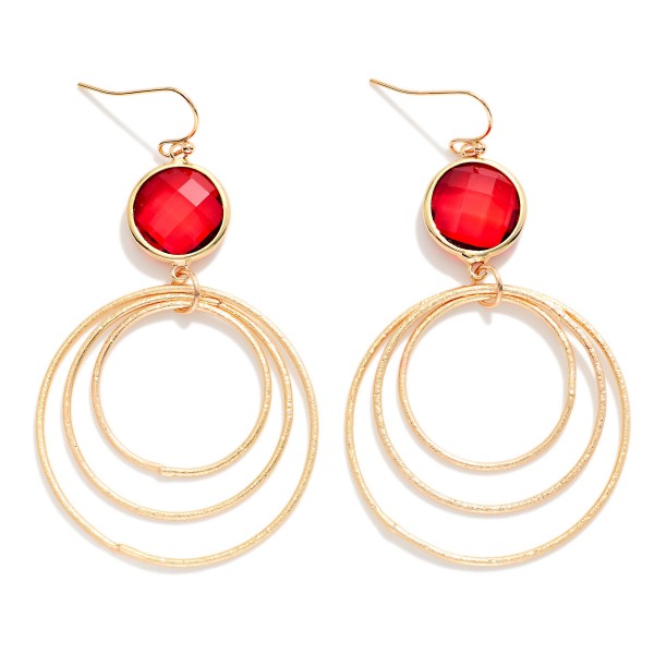 Glass Crystal Circle & Nesting Textured Metal Hoops Drop Earrings 

- Approximately 3" L