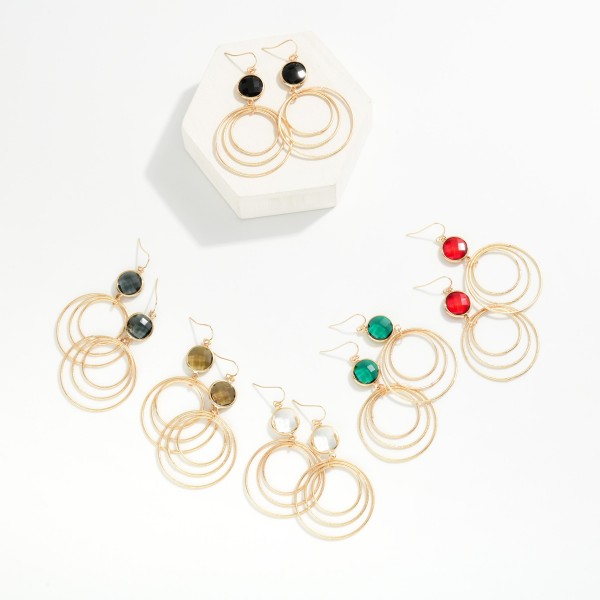 Glass Crystal Circle & Nesting Textured Metal Hoops Drop Earrings 

- Approximately 3" L