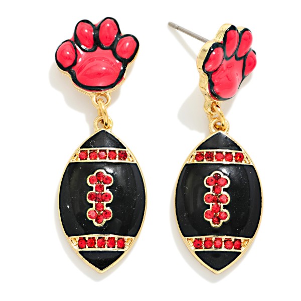 Enamel Paw Print & Football Post Drop Earrings Featuring Rhinestone Details 

- Approximately 1.5" L
