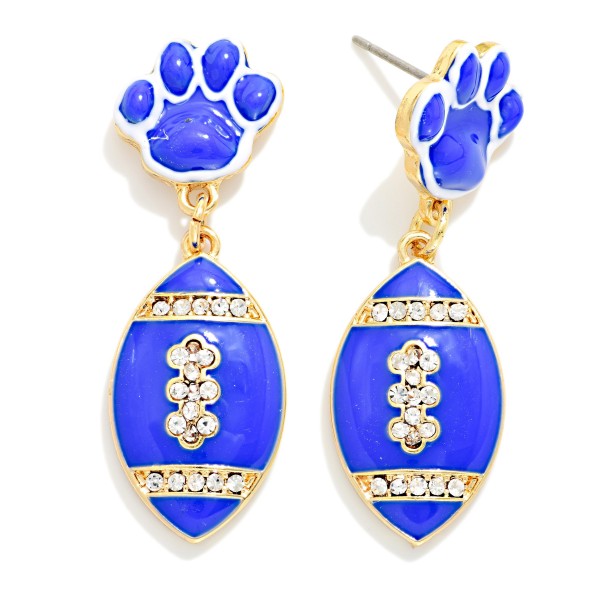 Enamel Paw Print & Football Post Drop Earrings Featuring Rhinestone Details 

- Approximately 1.5" L