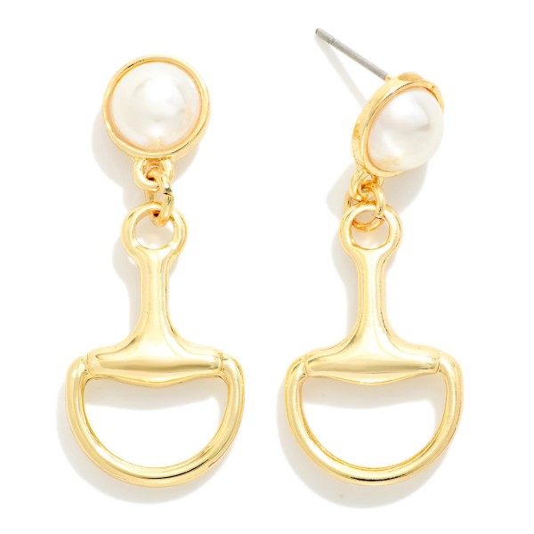 Metal Tone Horsebit & Pearl Post Drop Earrings 

- Gold Dipped
- Approximately 1.25" L