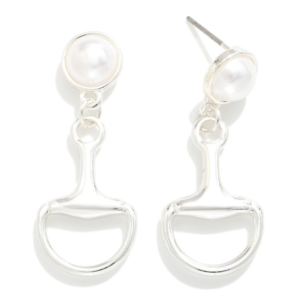 Metal Tone Horsebit & Pearl Post Drop Earrings 

- Gold Dipped
- Approximately 1.25" L