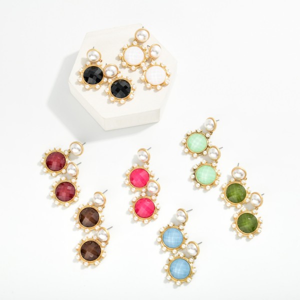 Faceted Acetate & Pearl Post Drop Earrings With Pearl Studded Details 

- Gold Dipped 
- Approximately 2.75" L