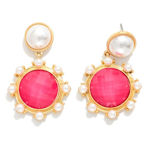 Faceted Acetate & Pearl Post Drop Earrings With Pearl Studded Details 

- Gold Dipped 
- Approximately 2.75" L