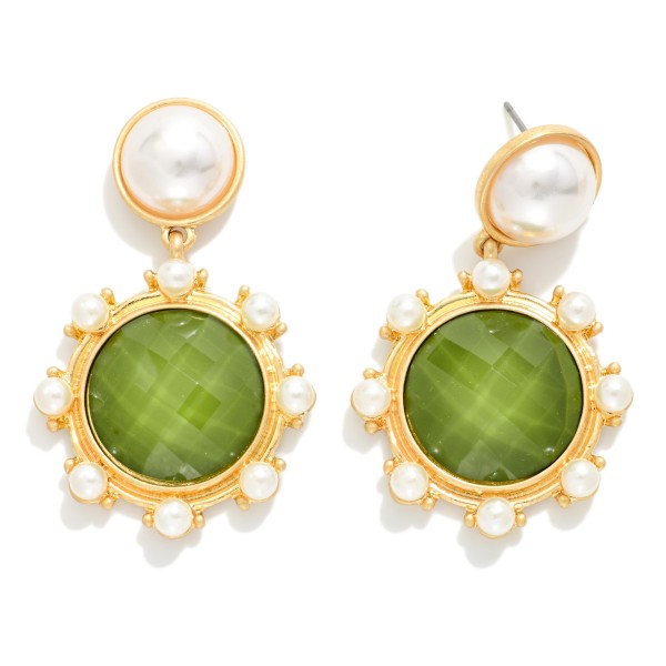 Faceted Acetate & Pearl Post Drop Earrings With Pearl Studded Details 

- Gold Dipped 
- Approximately 2.75" L