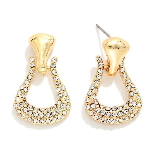 Metal Tone & Pave Rhinestone Horsebit Post Drop Earrings 

- Gold Dipped
- Approximately 1" L