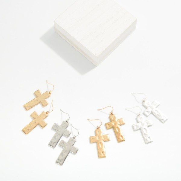 Hammered Metal Cross Drop Earrings 

- Approximately 1.5" L