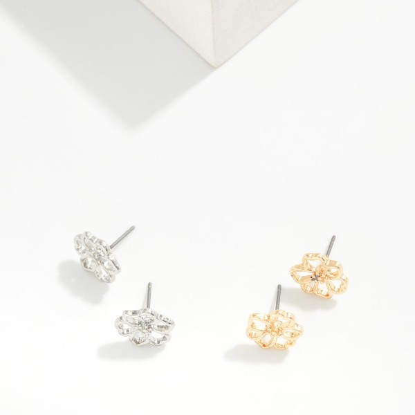 Metal Tone Hollow Flower Stud Earrings 

- Approximately .5" L