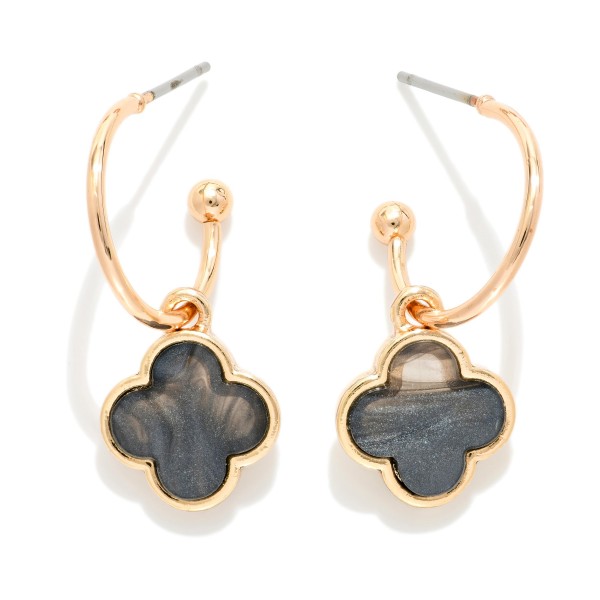Metal Tone Drop Hoop Earrings Featuring Pearlescent Clover Accent 

- Approximately .75" L