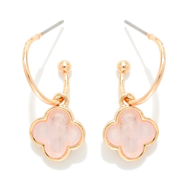 Metal Tone Drop Hoop Earrings Featuring Pearlescent Clover Accent 

- Approximately .75" L