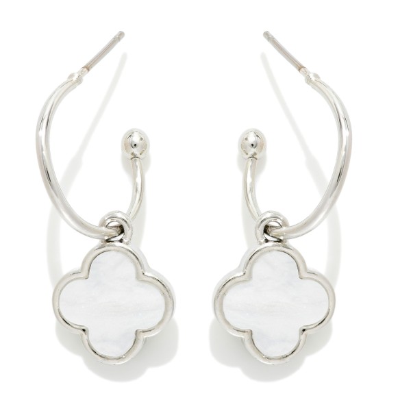 Metal Tone Drop Hoop Earrings Featuring Pearlescent Clover Accent 

- Approximately .75" L