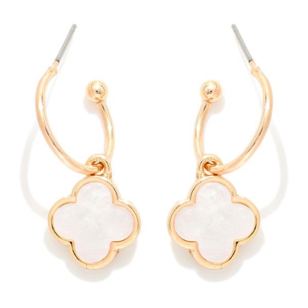Metal Tone Drop Hoop Earrings Featuring Pearlescent Clover Accent 

- Approximately .75" L