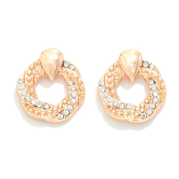 Twisted Metal & Rhinestone Door Knocker Post Drop Earrings 

- Approximately .75" L

