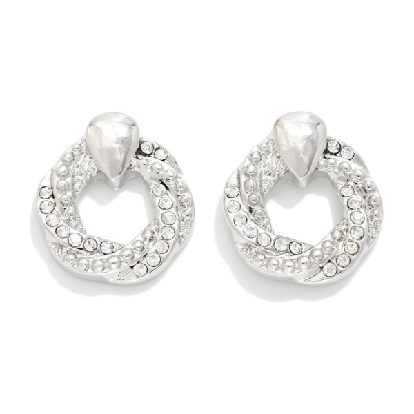 Twisted Metal & Rhinestone Door Knocker Post Drop Earrings 

- Approximately .75" L

