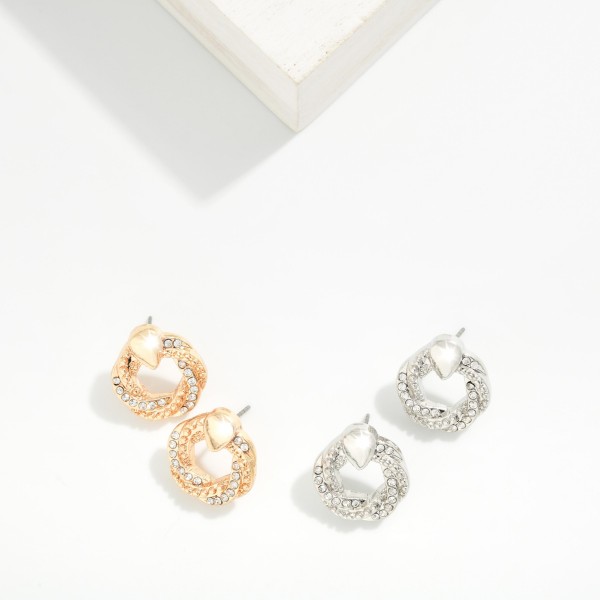 Twisted Metal & Rhinestone Door Knocker Post Drop Earrings 

- Approximately .75" L


