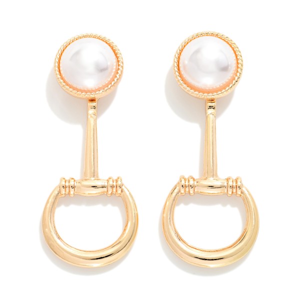 Pearl & Metal Tone Horsebit Post Drop Earrings 

- Approximately 2" L