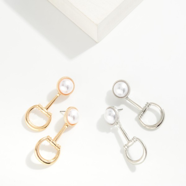 Pearl & Metal Tone Horsebit Post Drop Earrings 

- Approximately 2" L