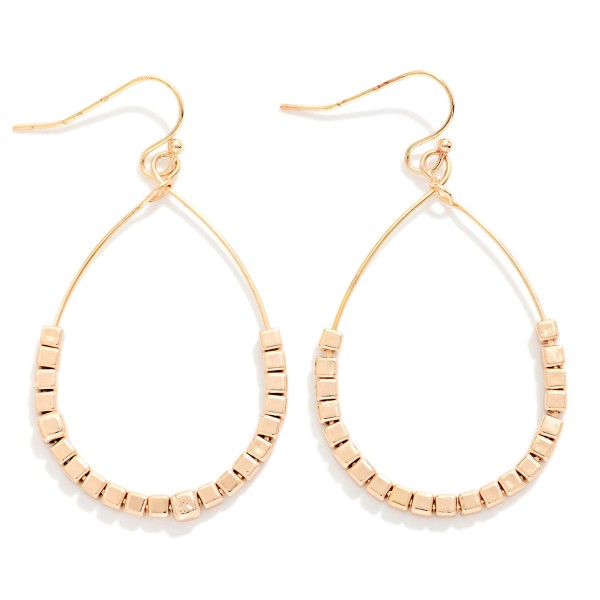 Metal Tone Square Bead Beaded Teardrop Earrings 

- Approximately 2" L