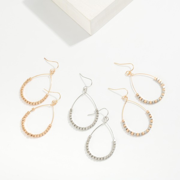 Metal Tone Square Bead Beaded Teardrop Earrings 

- Approximately 2" L