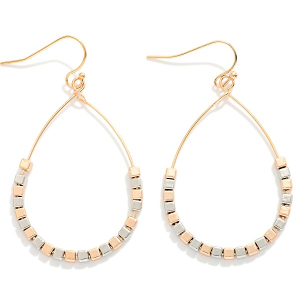 Metal Tone Square Bead Beaded Teardrop Earrings 

- Approximately 2" L