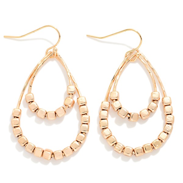 Metal Tone Square Bead Beaded Nest Teardrop Drop Earrings 

- Approximately 2" L