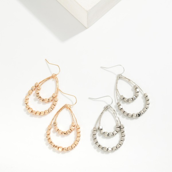 Metal Tone Square Bead Beaded Nest Teardrop Drop Earrings 

- Approximately 2" L