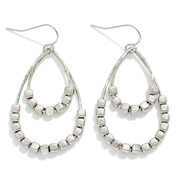 Metal Tone Square Bead Beaded Nest Teardrop Drop Earrings 

- Approximately 2" L