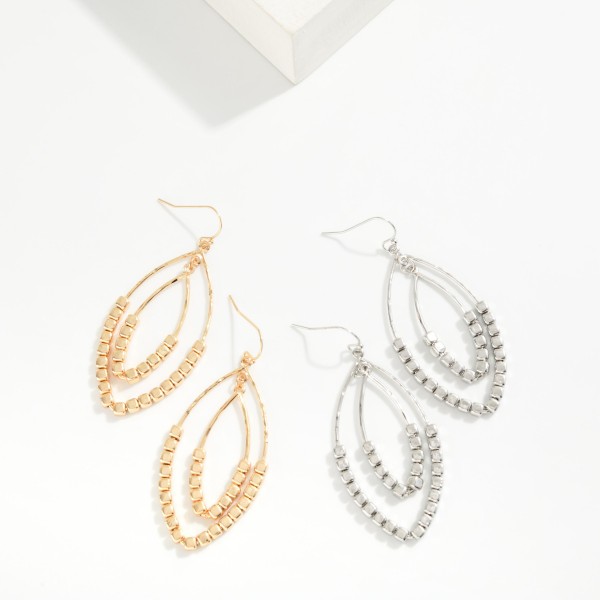 Metal Tone Square Beaded Nesting Ovate Shape Drop Earrings 

- Approximately 2.25" L