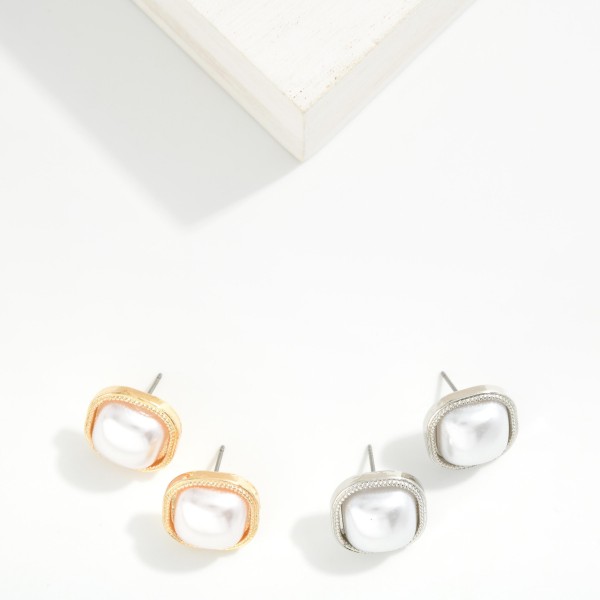 Pearl & Metal Tone Square Stud Earrings 

- Approximately .5" L