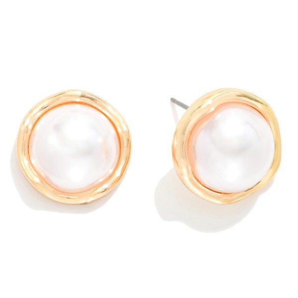 Large Pearl Stud Earrings With Wavy Metal Tone Border 

- Approximately .75" L