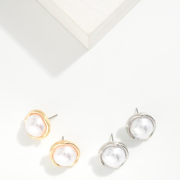 Large Pearl Stud Earrings With Wavy Metal Tone Border 

- Approximately .75" L