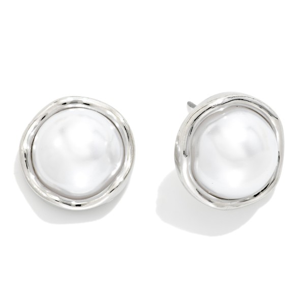 Large Pearl Stud Earrings With Wavy Metal Tone Border 

- Approximately .75" L