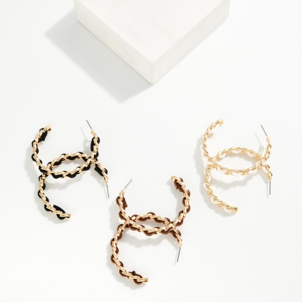 Chain Link Hoop Earrings With Woven Leather Detail 

- Approximately 5" D