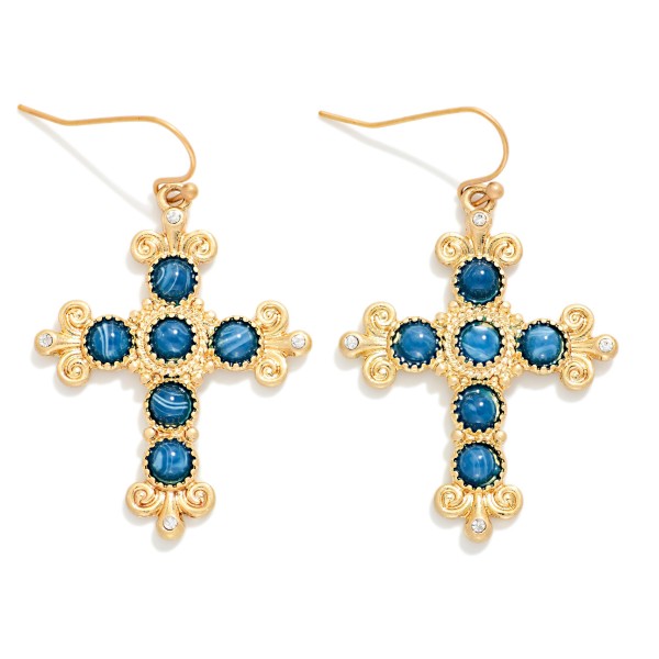 Metal Tone Baroque Cross & Stone Drop Earrings 

- Approximately 1.5" L