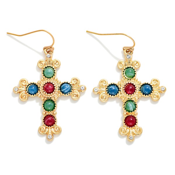 Metal Tone Baroque Cross & Stone Drop Earrings 

- Approximately 1.5" L
