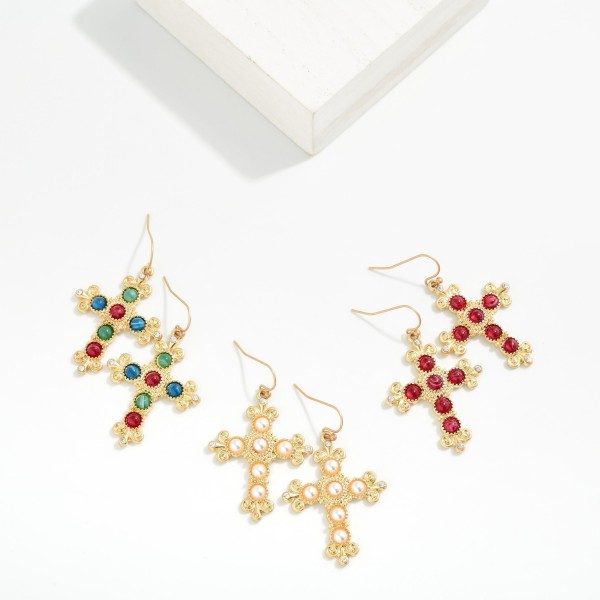 Metal Tone Baroque Cross & Stone Drop Earrings 

- Approximately 1.5" L