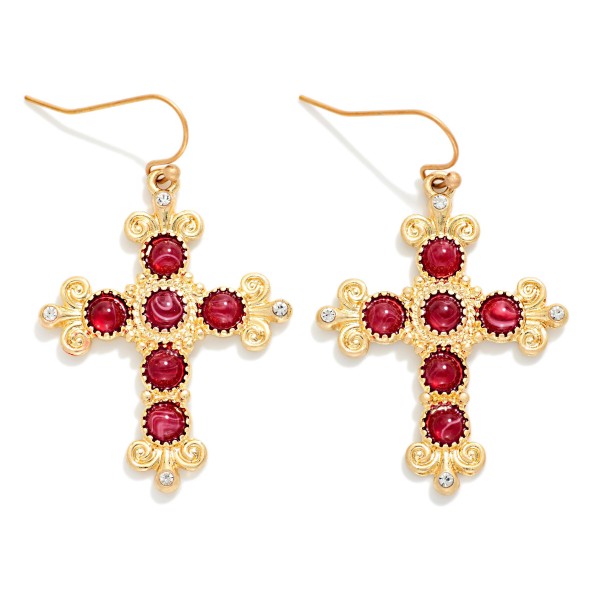 Metal Tone Baroque Cross & Stone Drop Earrings 

- Approximately 1.5" L