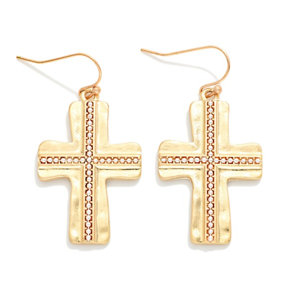 Hammered Two Tone Cross Drop Earrings With Metal Tone Studded Detail

- Approximately 1.5" L