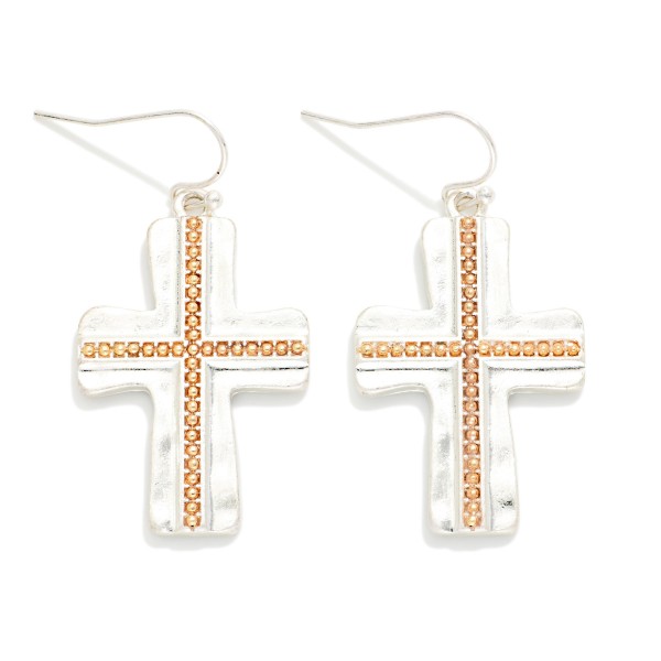 Hammered Two Tone Cross Drop Earrings With Metal Tone Studded Detail

- Approximately 1.5" L