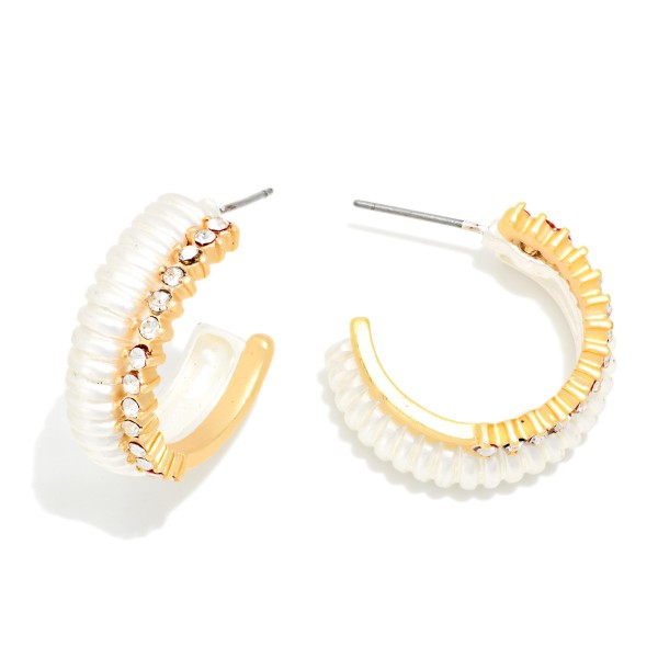 Layered Two Tone Ribbed & Rhinestone Studded Hoop Earrings

- Approximately .75" D