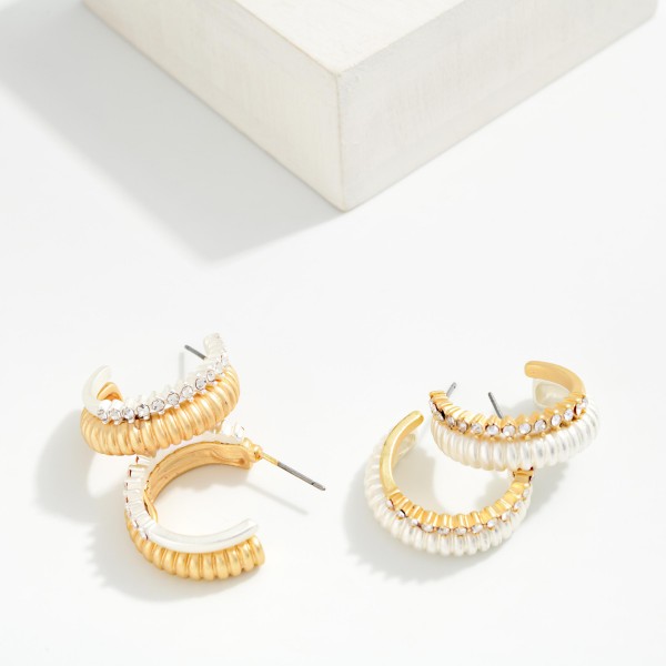 Layered Two Tone Ribbed & Rhinestone Studded Hoop Earrings

- Approximately .75" D
